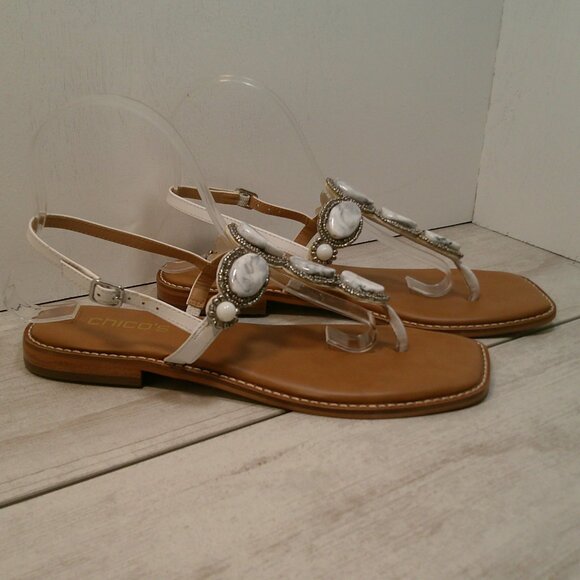 Chico's T-Strap White with Gray Beaded T-Strap Boho Sandals Size 8M - Picture 6 of 9